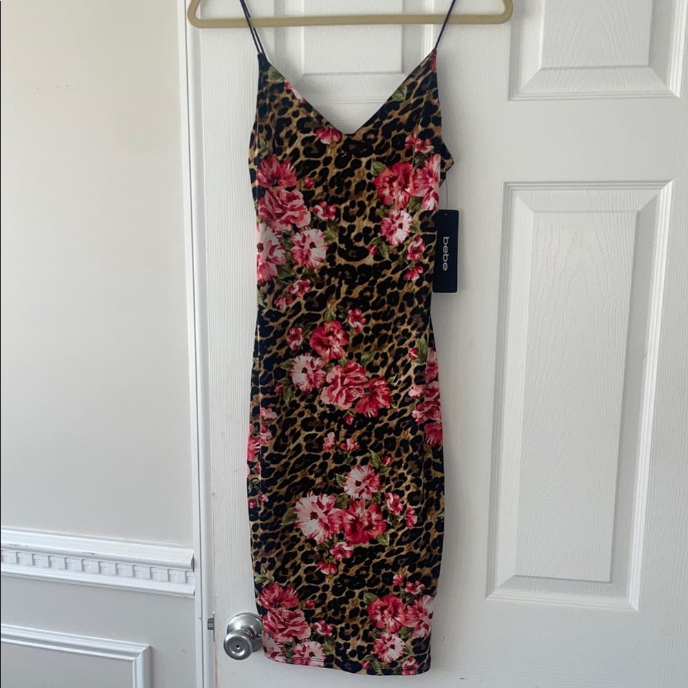 bebe Black and Pink Floral Leopard Midi Dress
